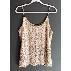 BKE Tank Top Women Large Cream Rhinestone Lace Overlay Scallop Hem
